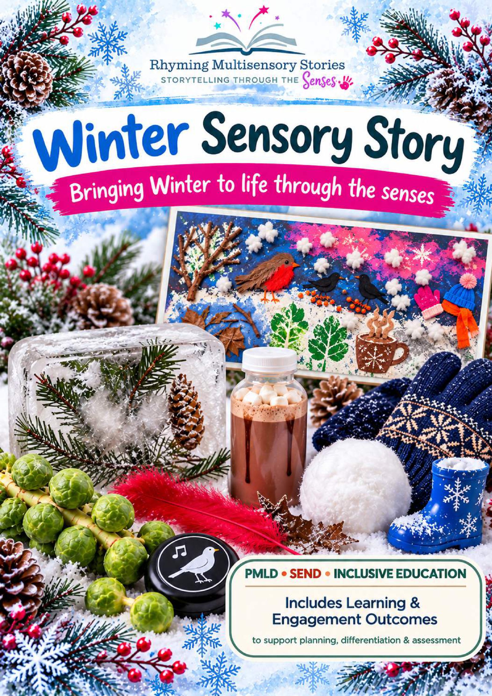 Cover of Winter Sensory Story – Bringing Winter to Life Through the Senses by Rhyming Multisensory Stories. A colourful winter sensory scene features snow-covered foliage, pinecones, Brussels sprouts, a winter sensory art mural, hot chocolate sensory bottle, winter clothing, a snowball, boot and bird sound button. Text highlights PMLD, SEND, inclusive education and Learning & Engagement Outcomes.