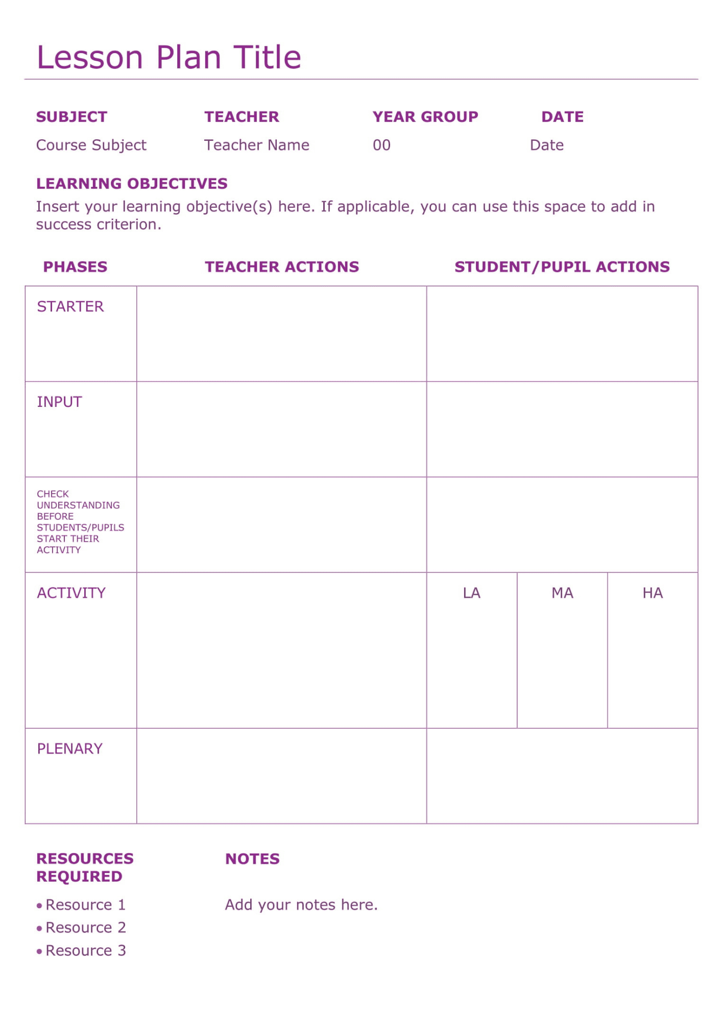 Editable Lesson Plan Template with Assessment Sheet for Effective Teaching