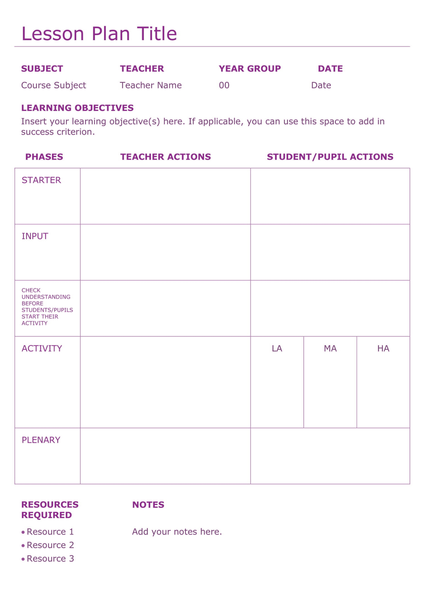 Blank lesson plan template with sections for details.