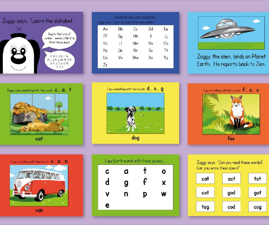 Educational phonics and alphabet flashcards for children.