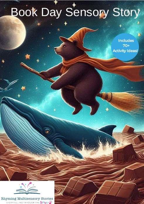 Bear on broomstick above whale in chocolate sea.