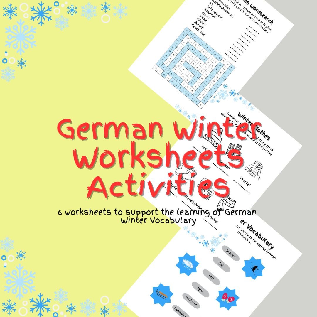 German winter vocabulary learning worksheets and activities.