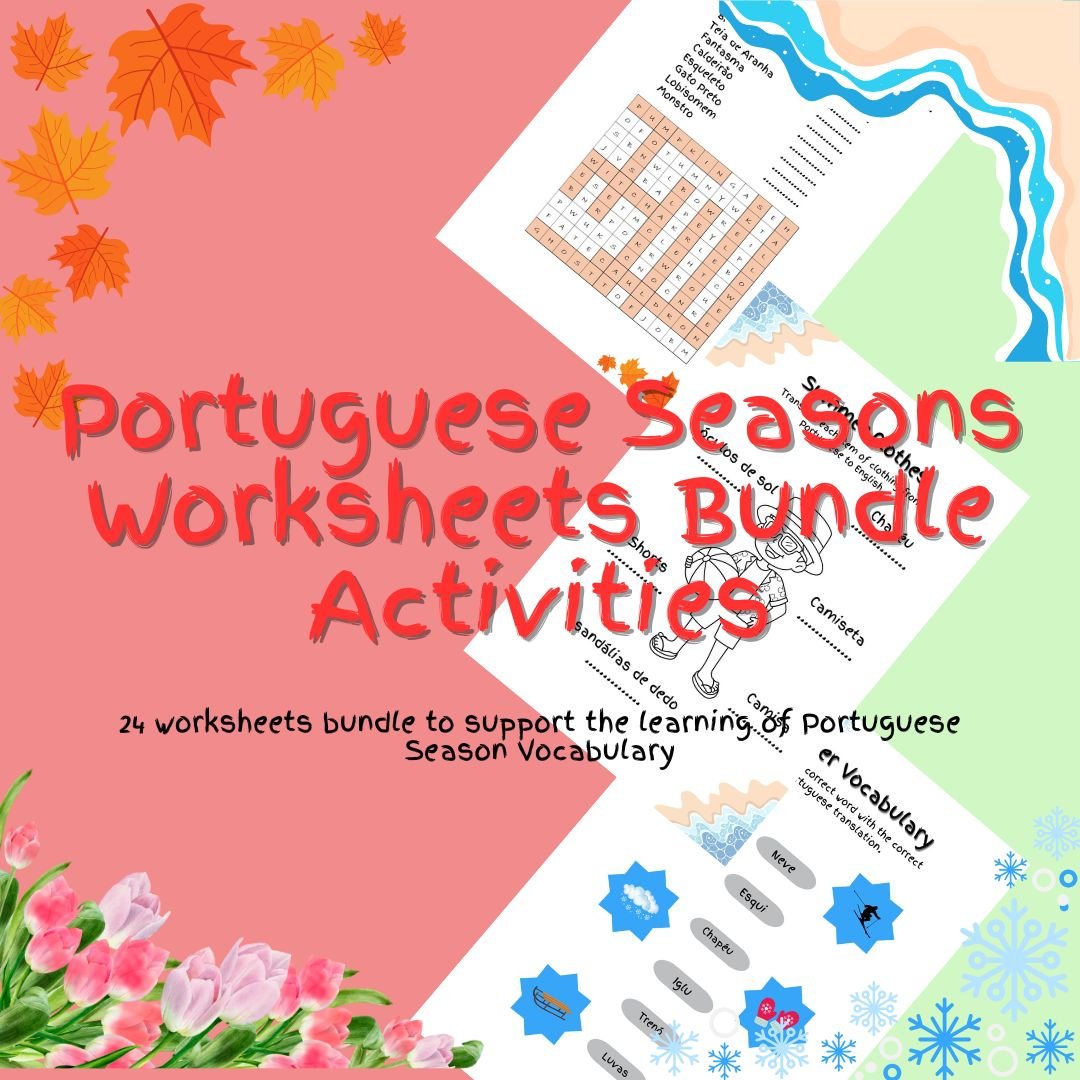 Portuguese seasons vocabulary worksheets bundle for learning.