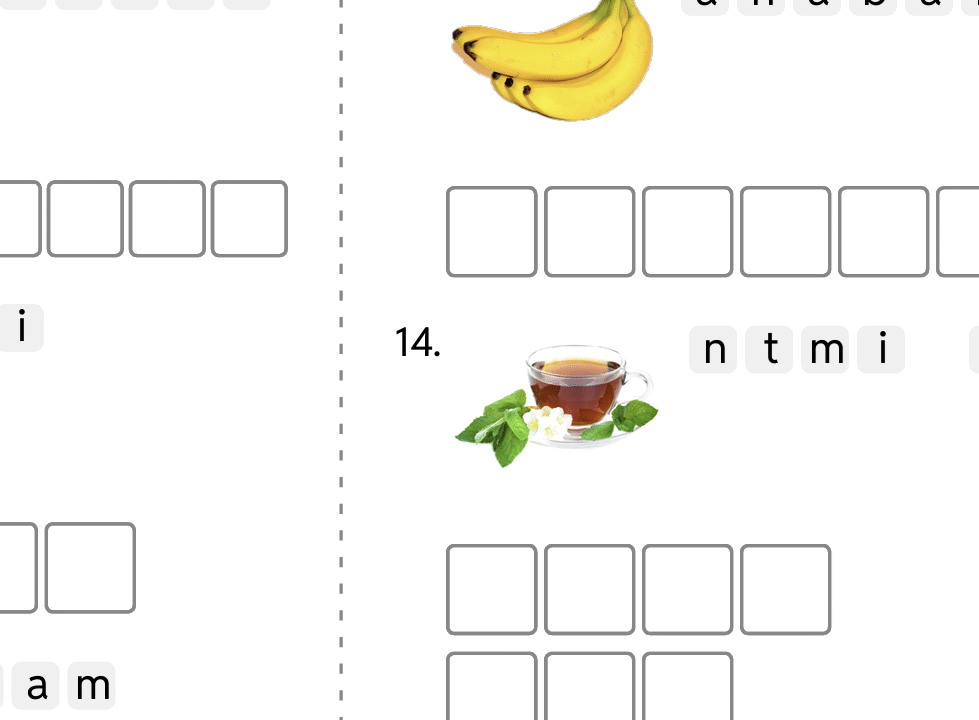 Word puzzle with banana and mint tea images.