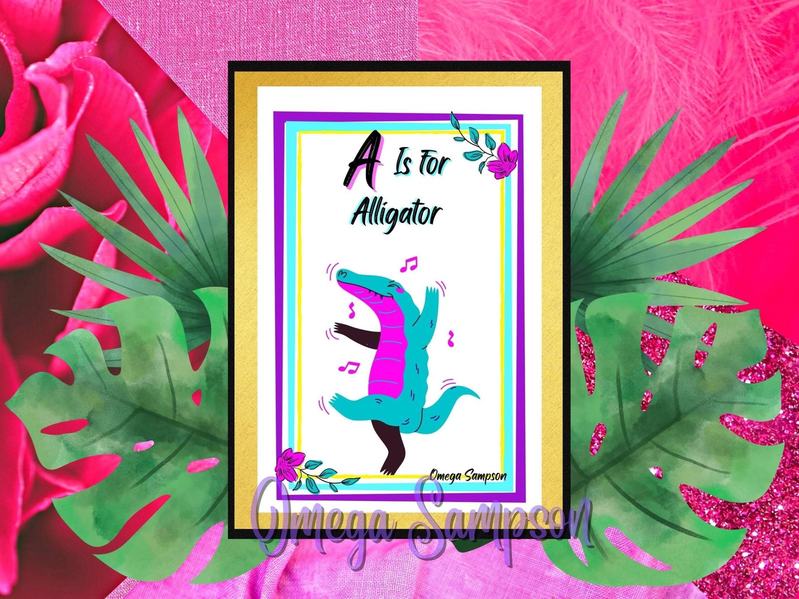 Illustration of an alligator with colourful background