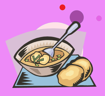 Bowl of soup with bread on purple background.