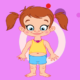 Cartoon girl with pigtails on a pink background.