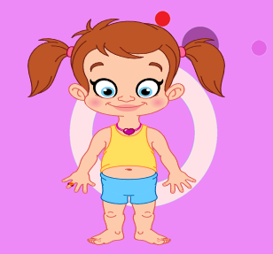 Cartoon girl with pigtails on a pink background.