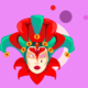 Colourful jester mask with red and green features.