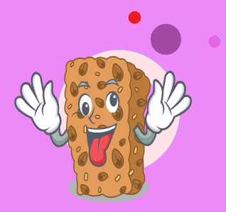 Cartoon biscuit character with expressive face and hands.