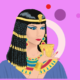 Illustration of Cleopatra holding a cup, colourful background.