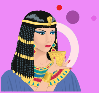Illustration of Cleopatra holding a cup, colourful background.