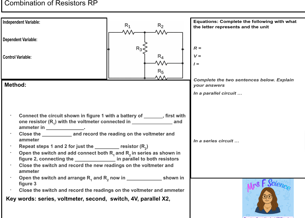 Physics experiment: resistor combinations, voltmeter, ammeter instructions.