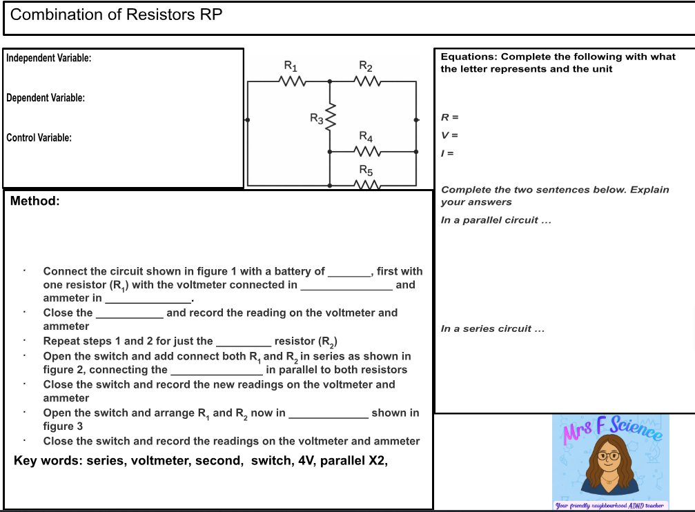 Physics experiment: resistor combinations, voltmeter, ammeter instructions.