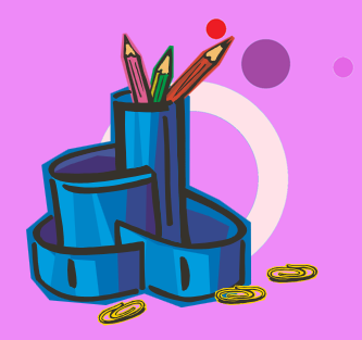 Colourful stationery cup with coins on pink background.