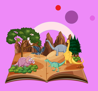 Open book with dinosaurs and trees illustration