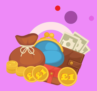 Cartoon money bags, coins, wallet, and cash.