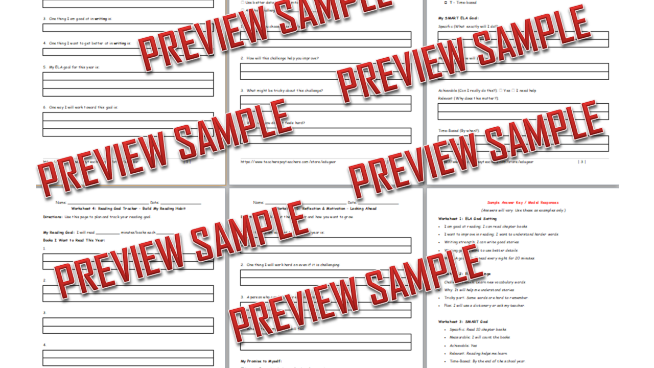 Preview of educational worksheets on reading and writing.