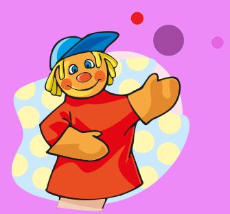 Colourful cartoon puppet with hat and polka dot background.