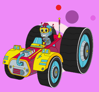 Robot driving colourful futuristic car with big wheels.
