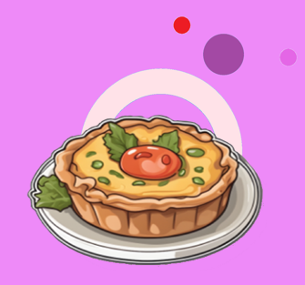 Quiche with tomato and greens on pink background.