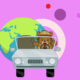Bear driving car around the world illustration