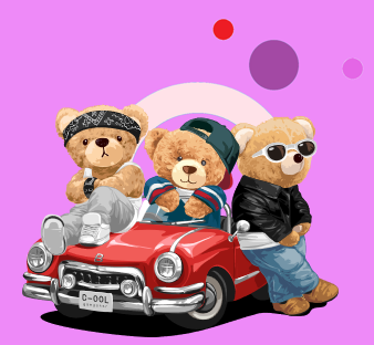 Cool teddy bears sitting on a red car.