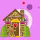 Illustration of a gingerbread house and cookie figure.