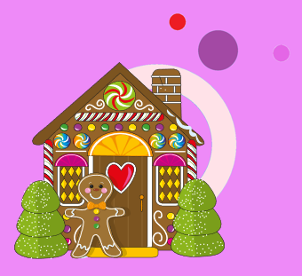 Illustration of a gingerbread house and cookie figure.
