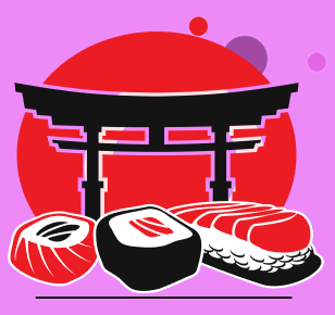Japanese sushi with torii gate silhouette.