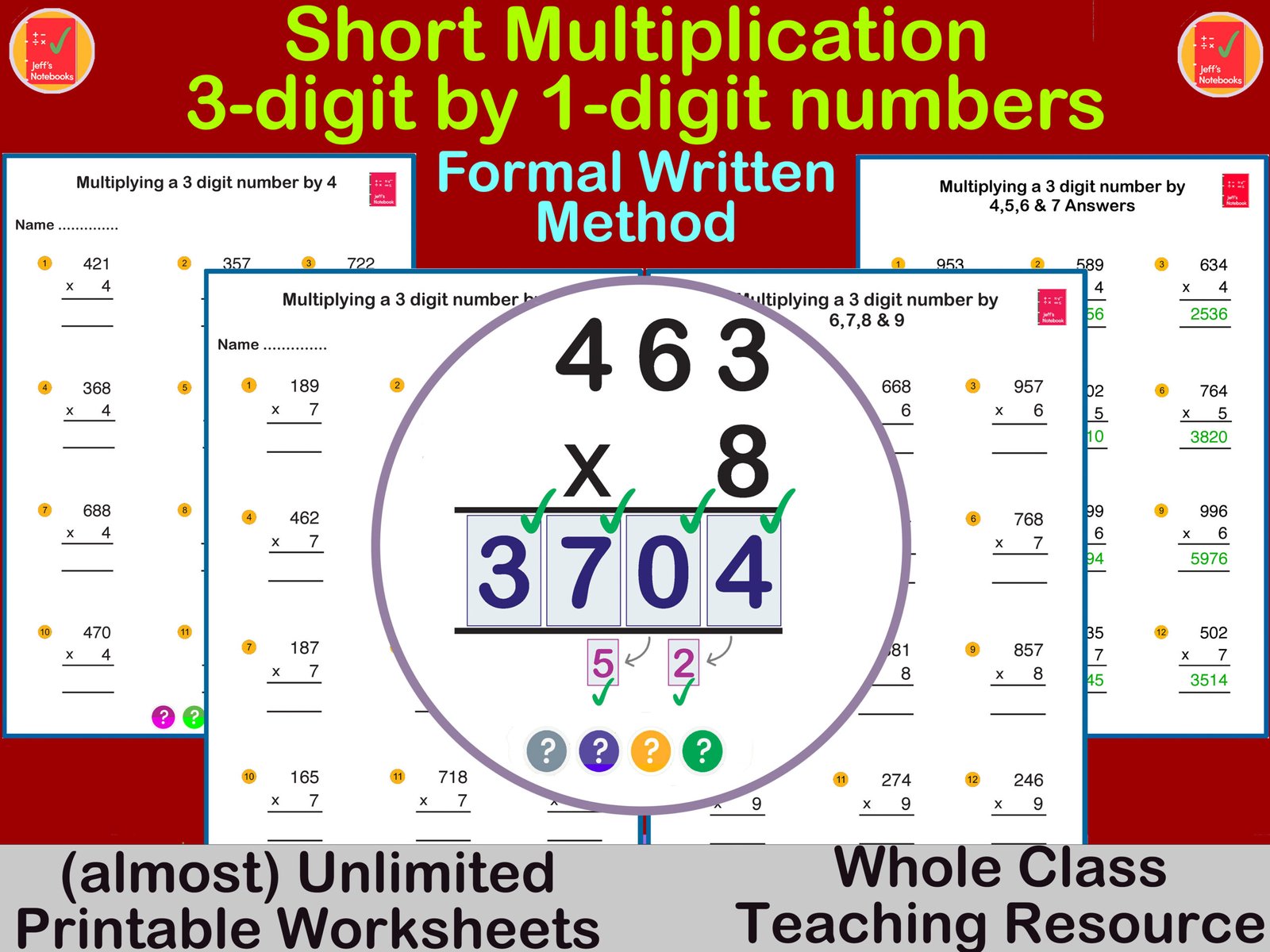 Short multiplication worksheets for classroom use.