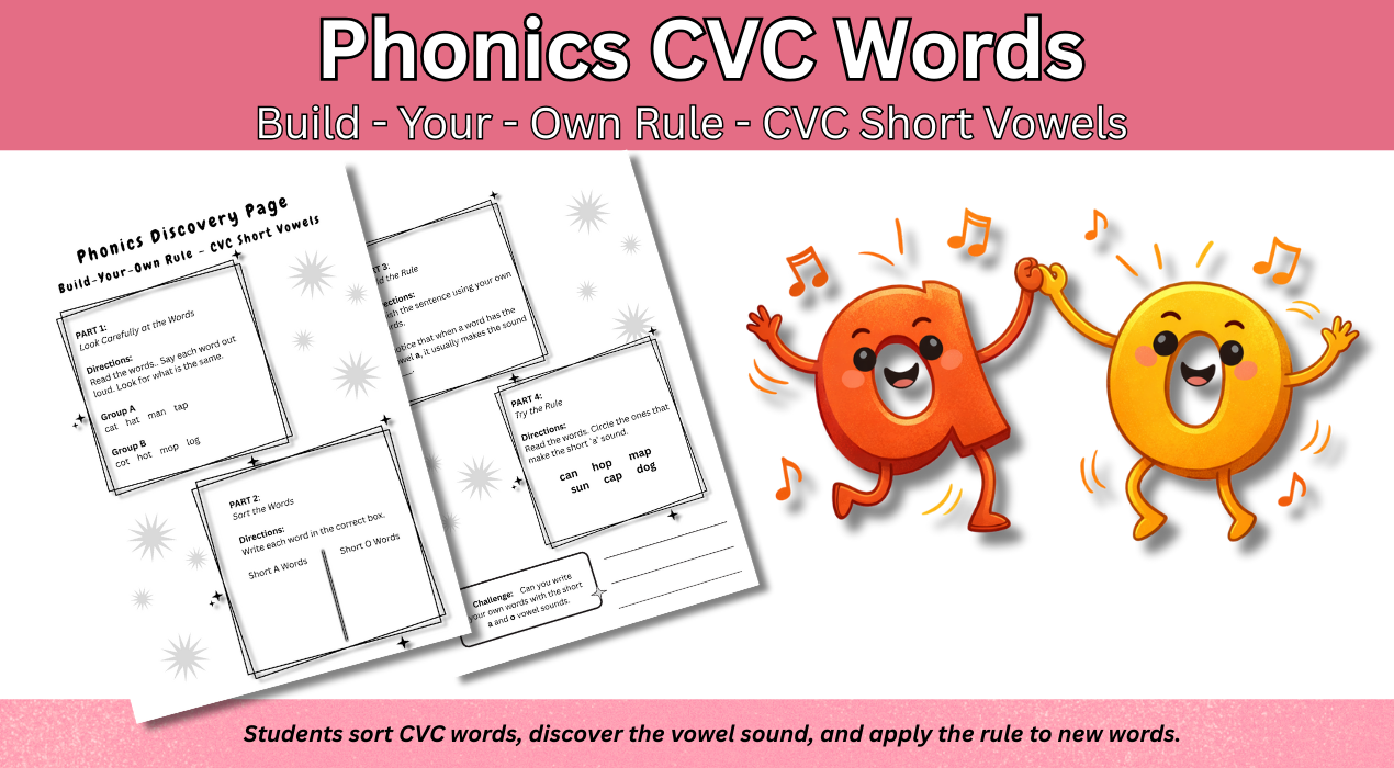 Phonics CVC Words: Short Vowel Learning Sheet and Characters