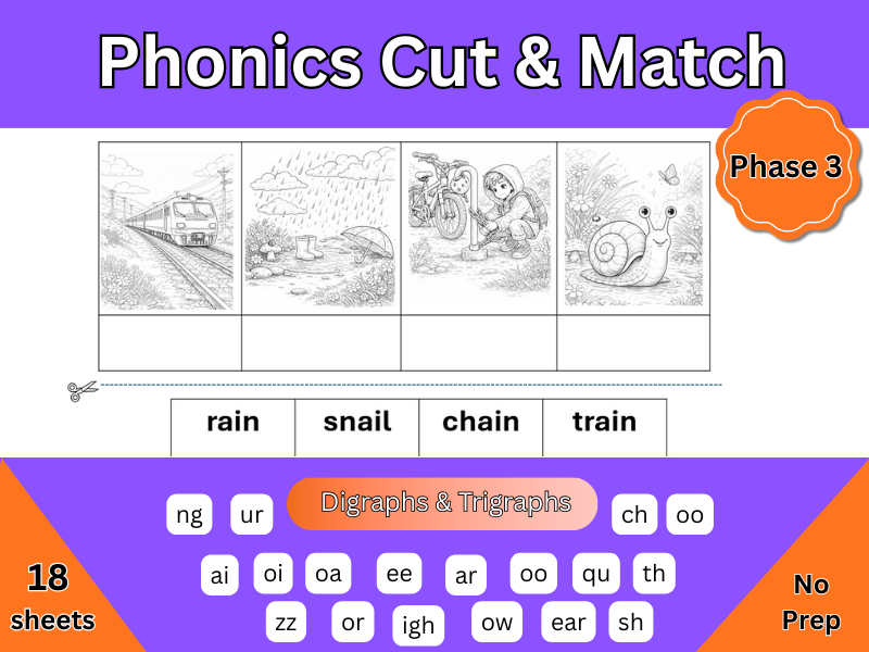 Phonics activity: match words and pictures, Phase 3.