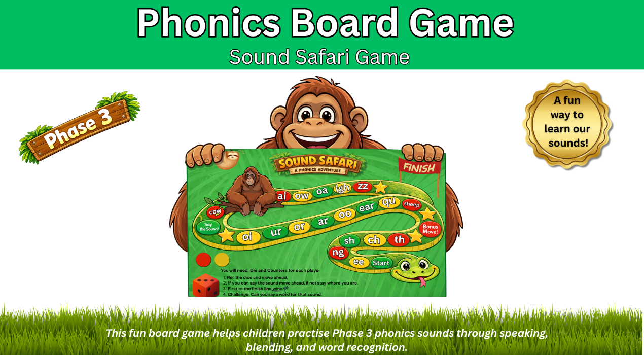 Phonics board game for learning sounds.
